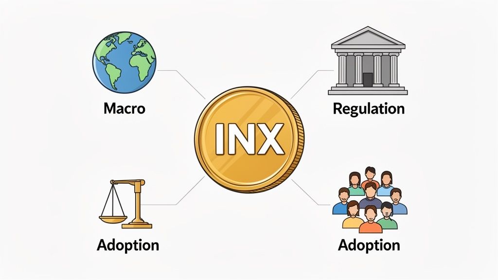 A diagram illustrating the key factors influencing INX: macroeconomics, regulation, and adoption by users and legal frameworks.