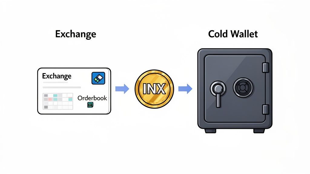 INX token flow diagram showing transfer from a crypto exchange to a secure cold wallet safe.