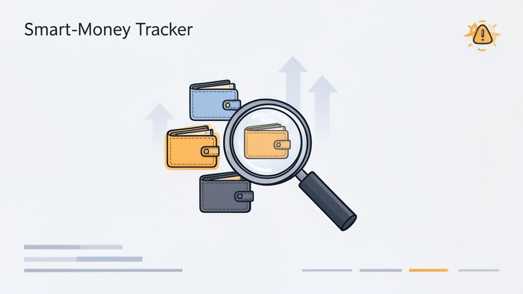 A Smart-Money Tracker illustration featuring a magnifying glass focusing on a wallet amidst others, with upward growth arrows.