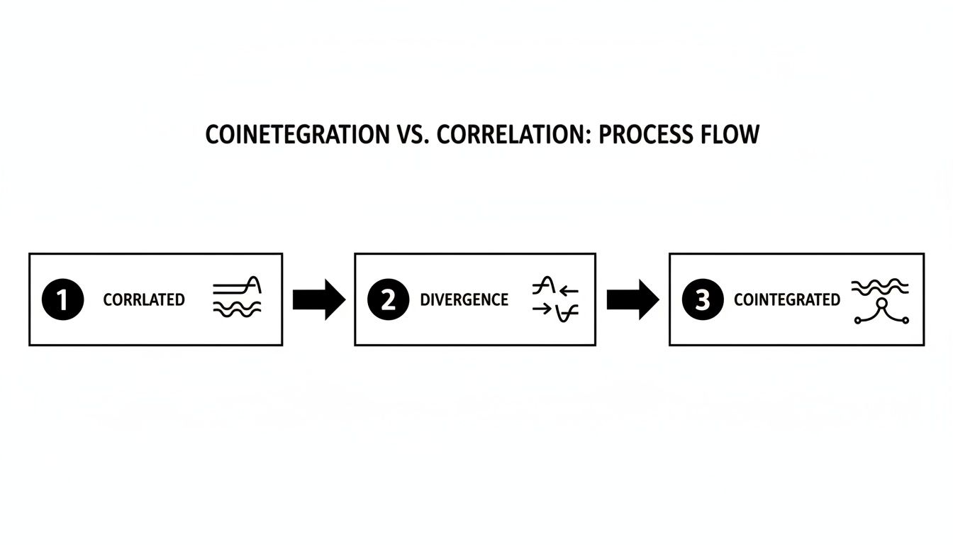 Diagram showing the process flow from correlated to divergent and then cointegrated states.