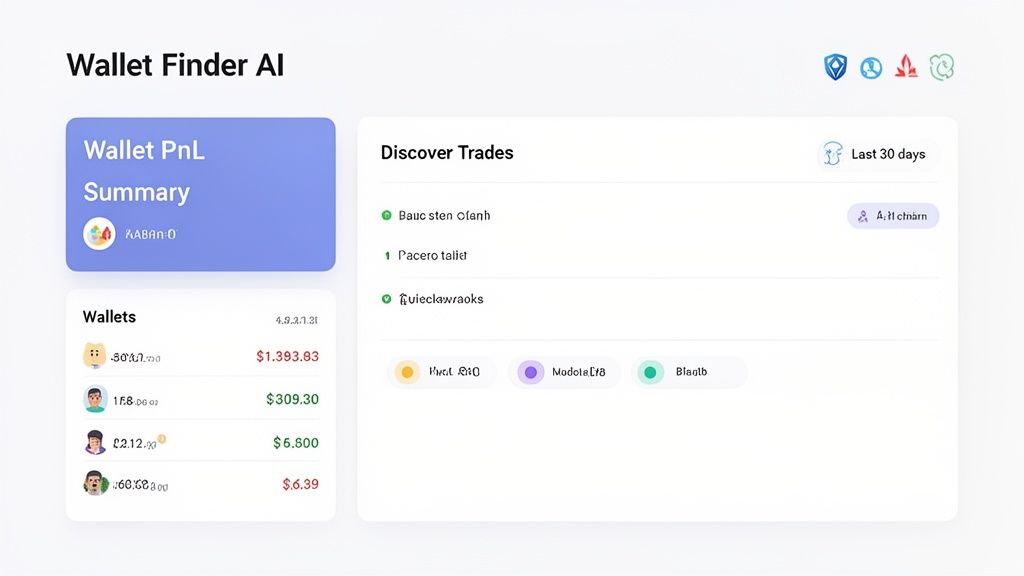 Dashboard of a 'Wallet Finder AI' showing crypto wallet PnL, a list of wallets with balances, and recent trade discoveries.