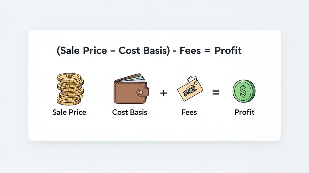 An illustration explaining how to calculate profit using sale price, cost basis, and fees.