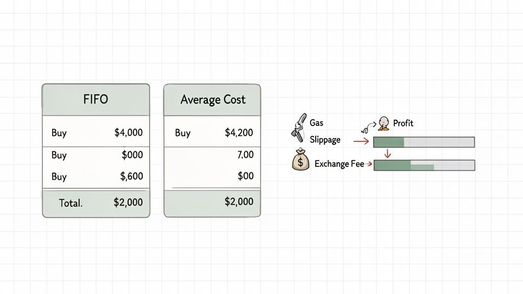 Comparison of FIFO and Average Cost crypto calculation methods, alongside factors affecting profit like gas, slippage, and exchange fees.