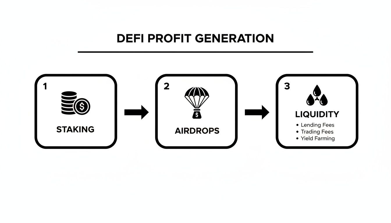 A diagram illustrating DeFi profit generation through staking, airdrops, and liquidity provision.