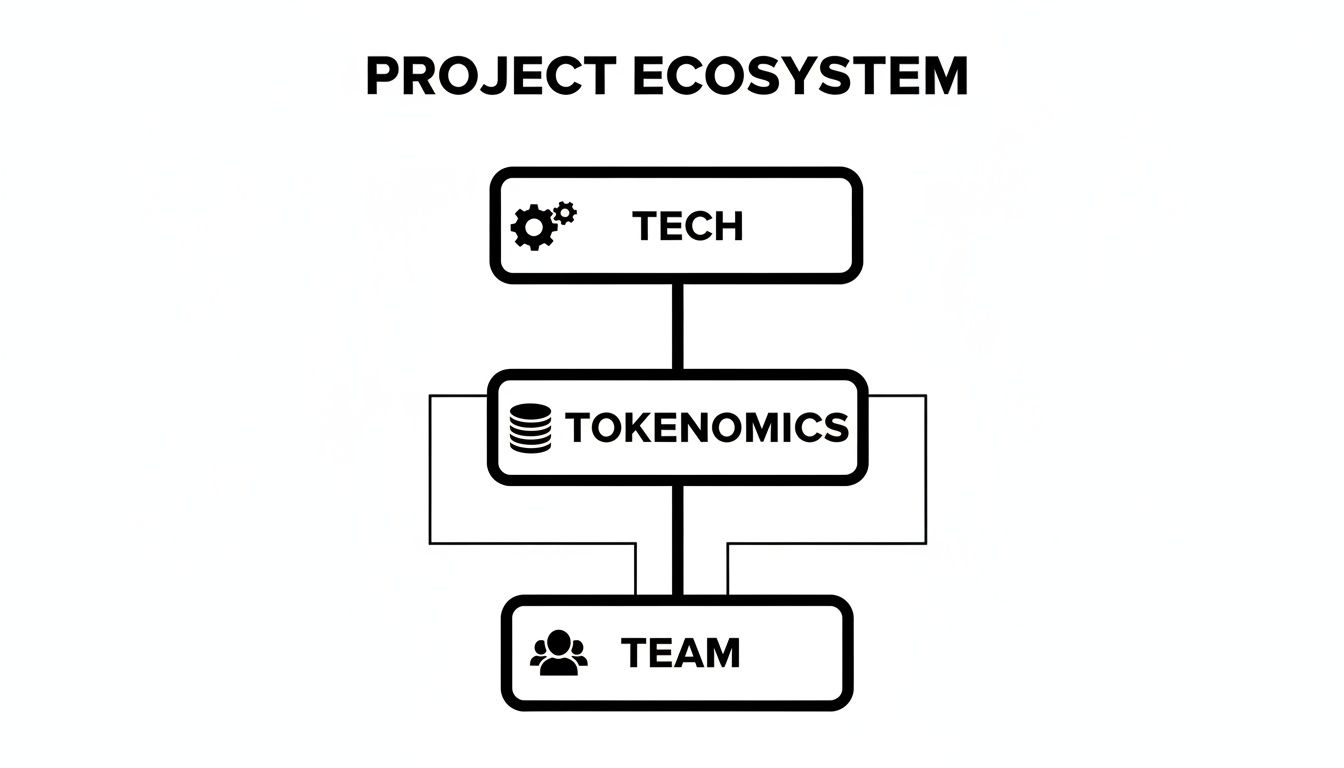 Diagram illustrating a project ecosystem with technology, tokenomics, and team as key interconnected pillars.