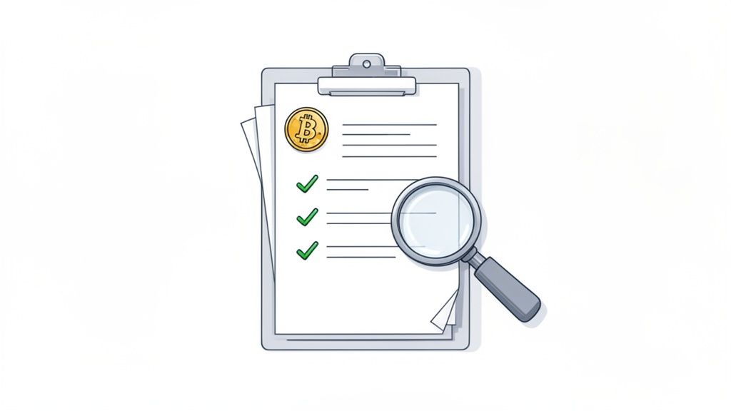 Illustration of a crypto white paper checklist with a Bitcoin coin and magnifying glass.