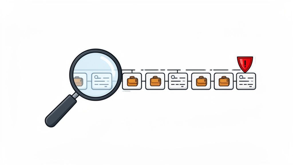 A magnifying glass inspects a timeline of briefcases and document icons, highlighting a warning.