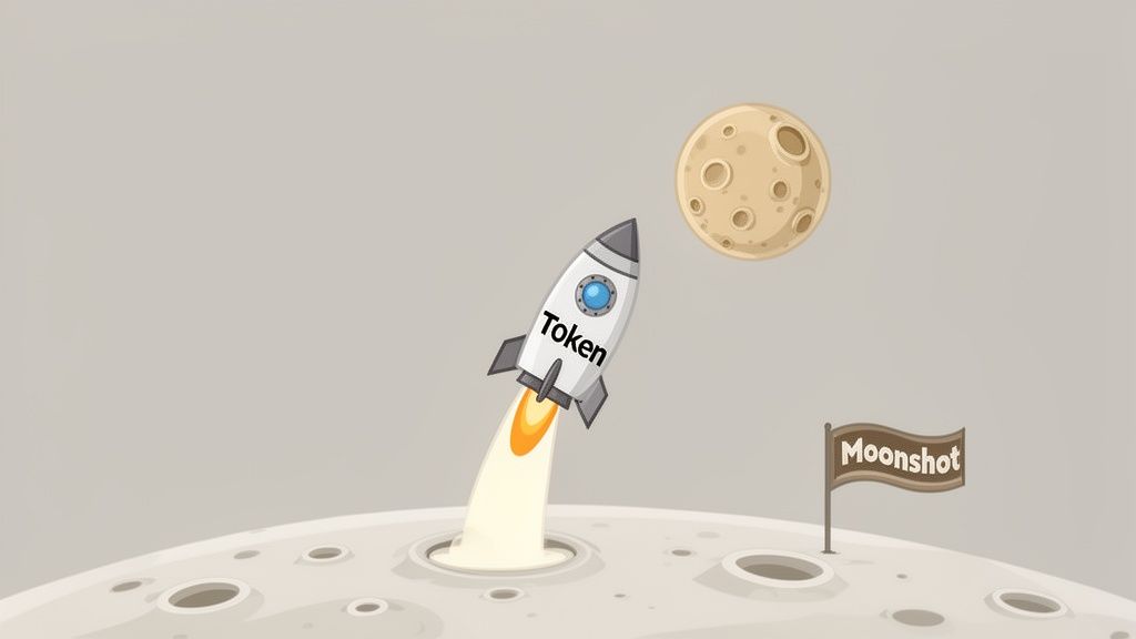 A cartoon rocket labeled 'Token' blasts off from a moon-like surface towards the moon, beside a 'Moonshot' flag.