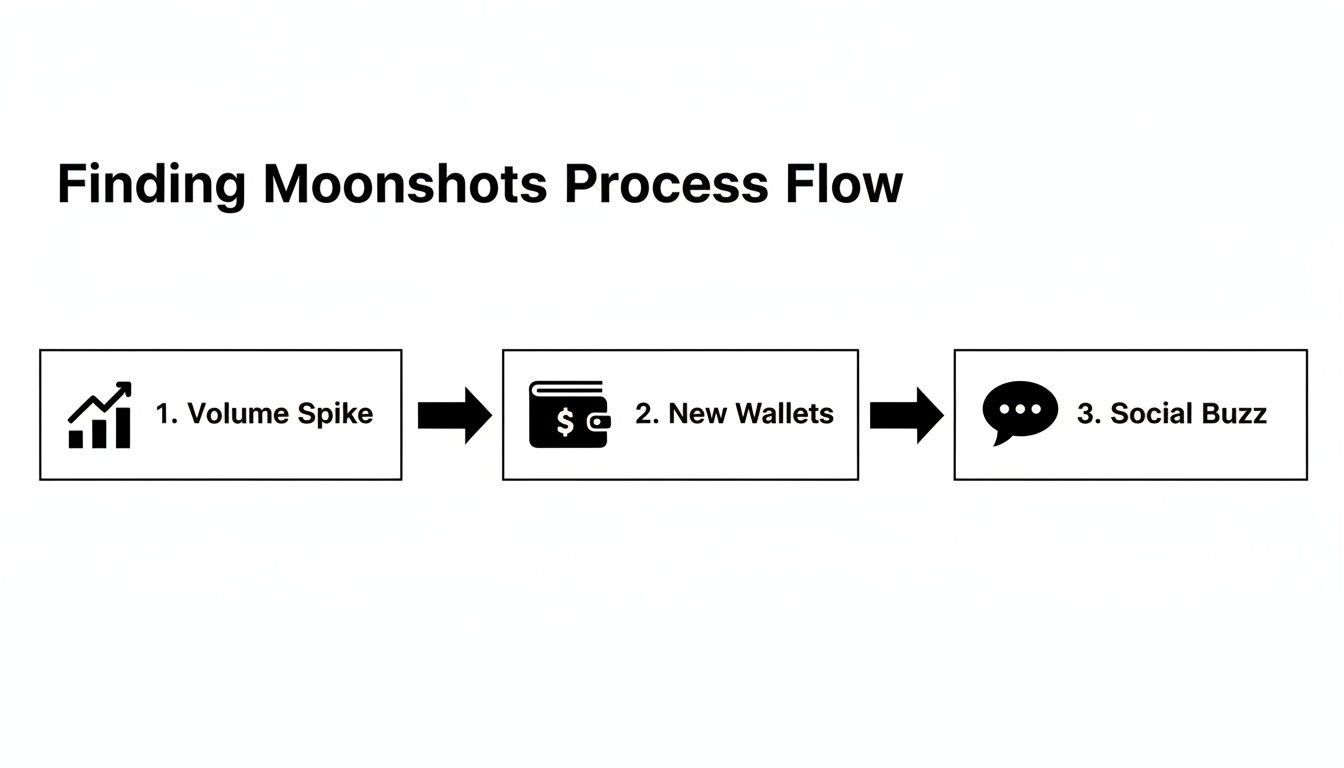 A flow diagram illustrates three steps to finding moonshots: volume spike, new wallets, and social buzz.