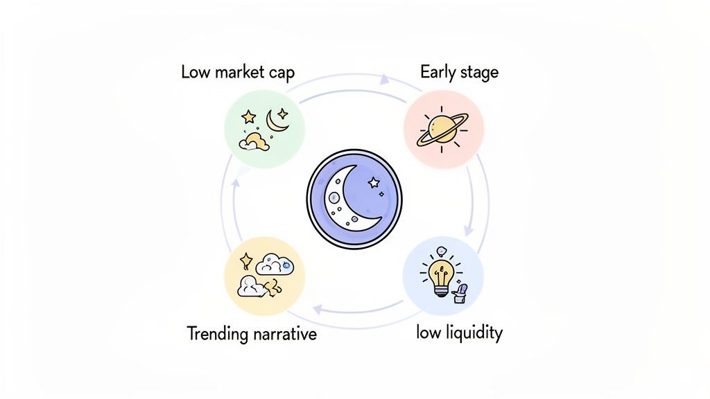 A circular diagram illustrating the characteristics of a 'moon shot' project: low market cap, early stage, low liquidity, and trending narrative.