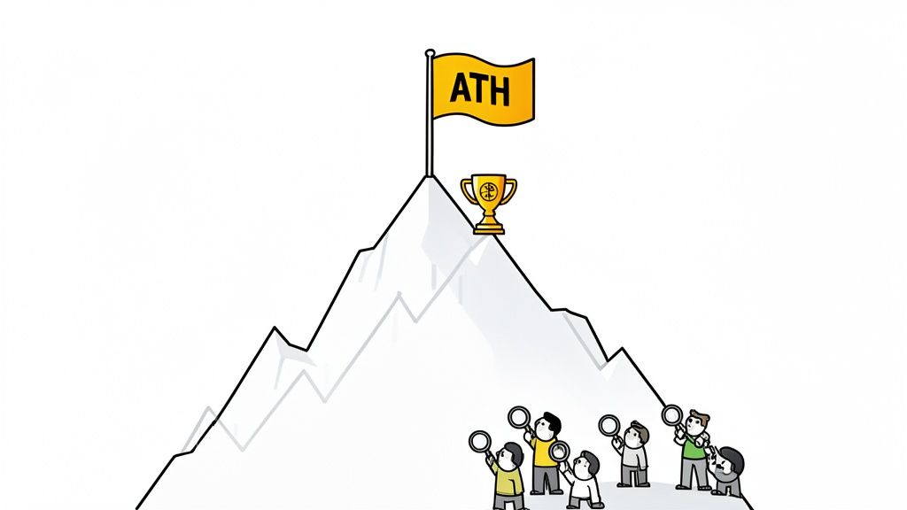 A group of tiny people observe a mountain with an ATH flag and gold trophy at its summit.