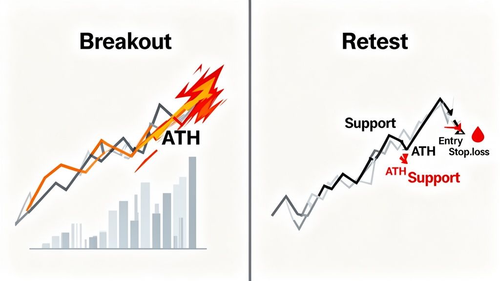 Two charts illustrating cryptocurrency trading patterns: Breakout shows price surging past ATH, while Retest shows a pullback to previous ATH for entry.