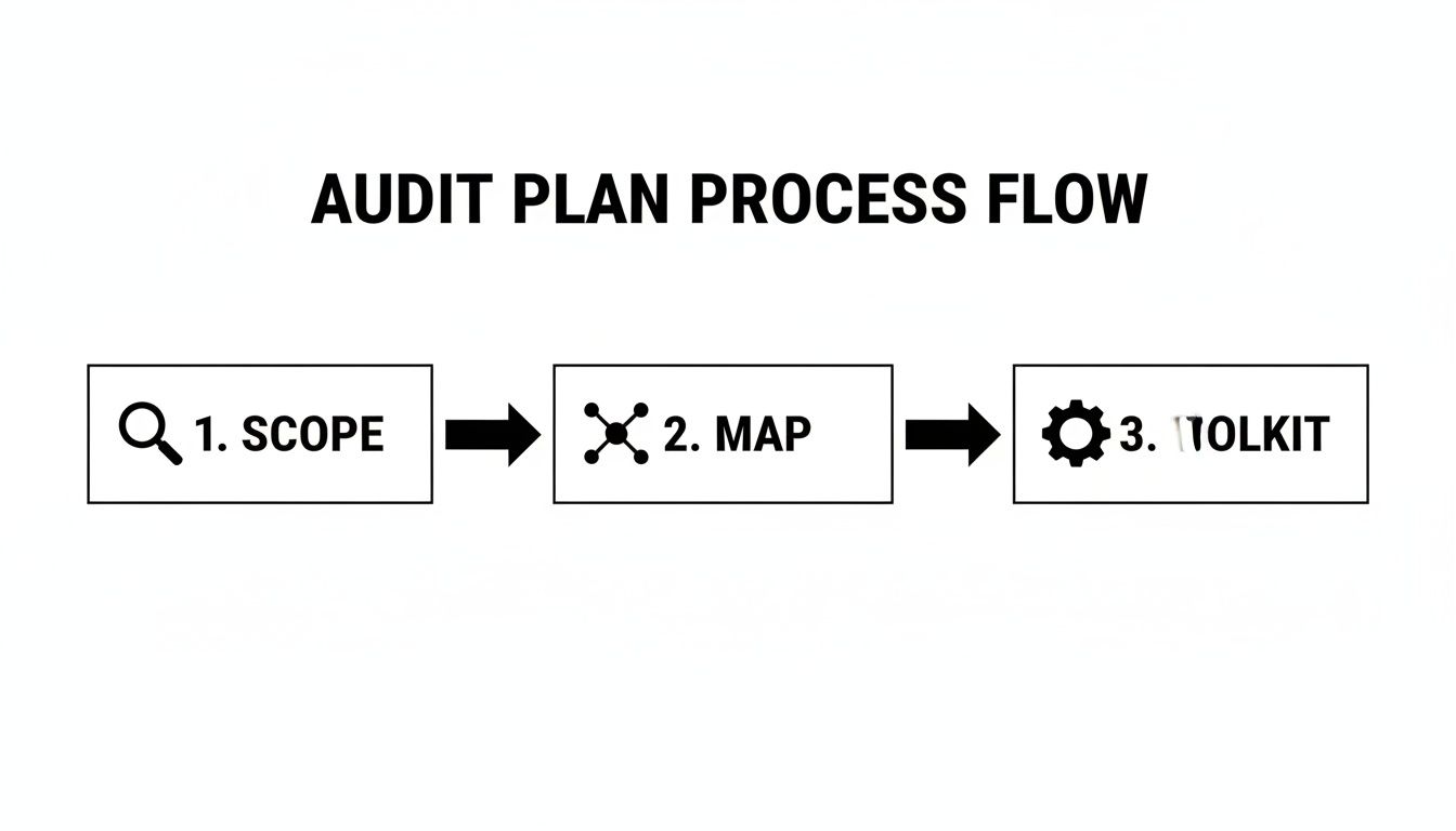 An audit plan process flow diagram showing three steps: 1. Scope, 2. Map, and 3. Toolkit.