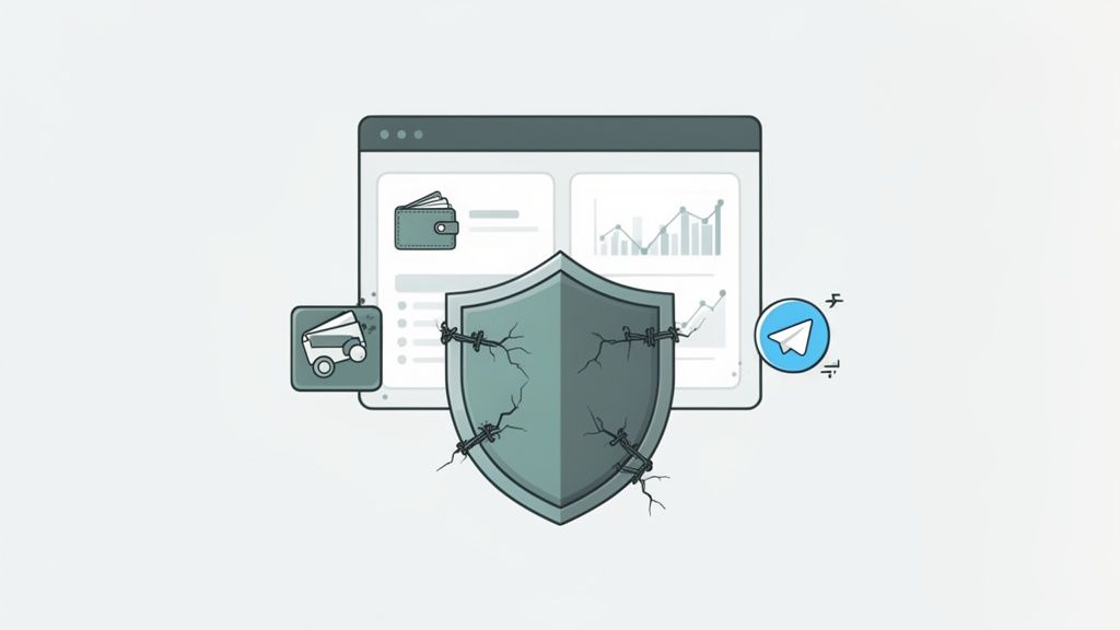 An illustration showing a cracked shield with barbed wire protecting a website featuring financial data, with a payment card and communication app.