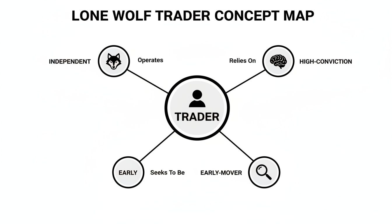 A concept map illustrating the traits of a Lone Wolf Trader, emphasizing independence, conviction, and being an early mover.