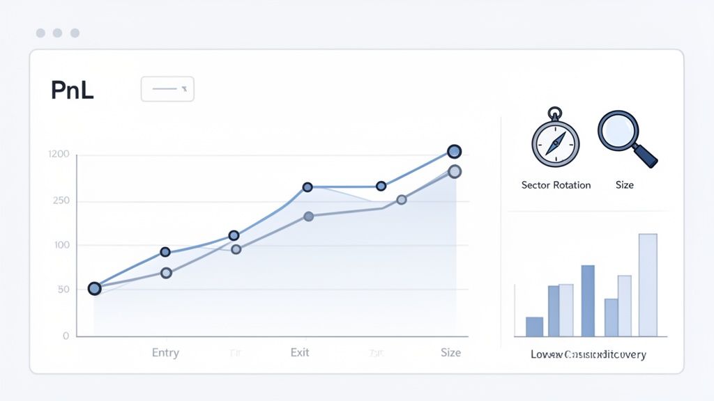 A financial dashboard displaying a PnL line graph alongside sector rotation and size indicators.