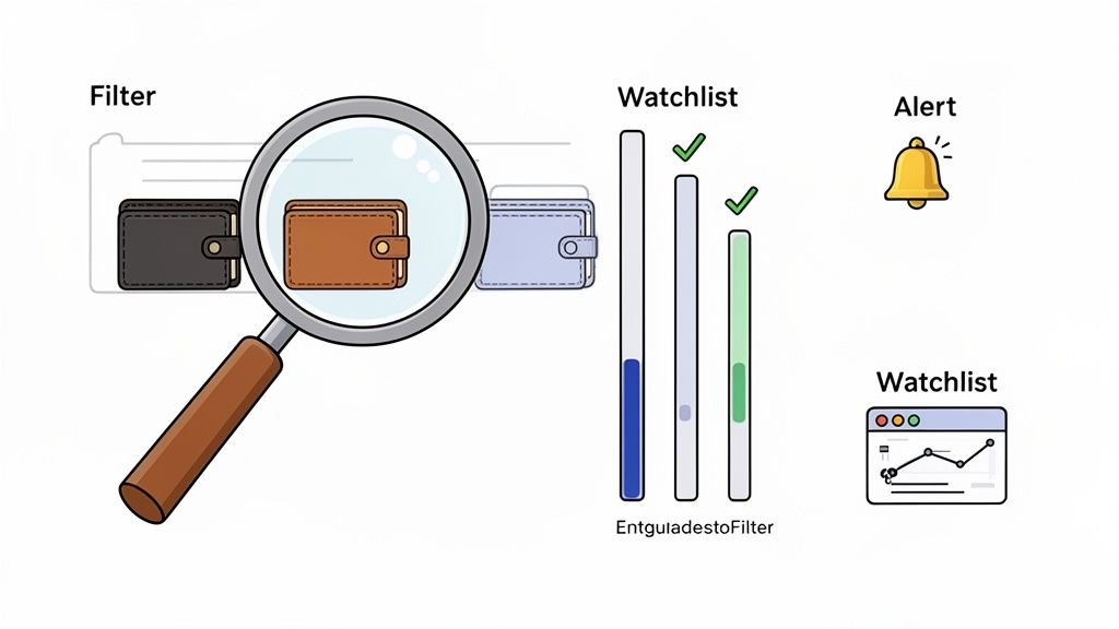 An illustration of a system filtering wallets, adding selected ones to a watchlist and generating alerts.
