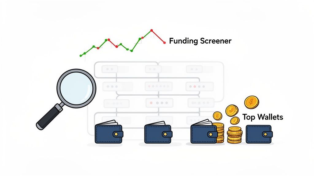A magnifying glass analyzes funding trends and a data network, revealing top crypto wallets full of coins.
