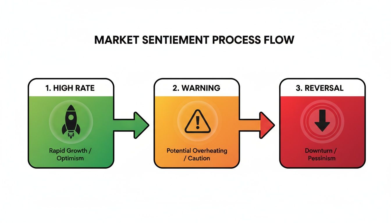 Market sentiment process flow showing three stages: rapid growth, warning, and downturn.