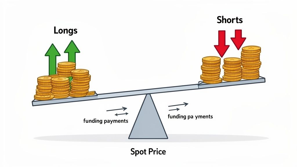 An illustration of a balance scale showing 'Longs' and 'Shorts' with coins, representing crypto funding rates.