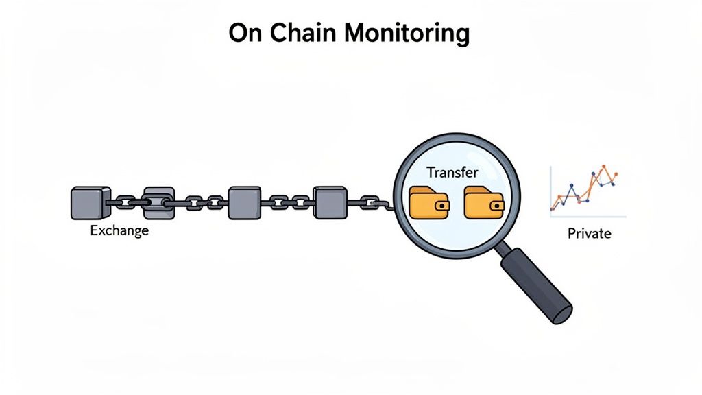 Diagram illustrating on-chain monitoring of crypto transfers from an exchange to private wallets, with a data graph.