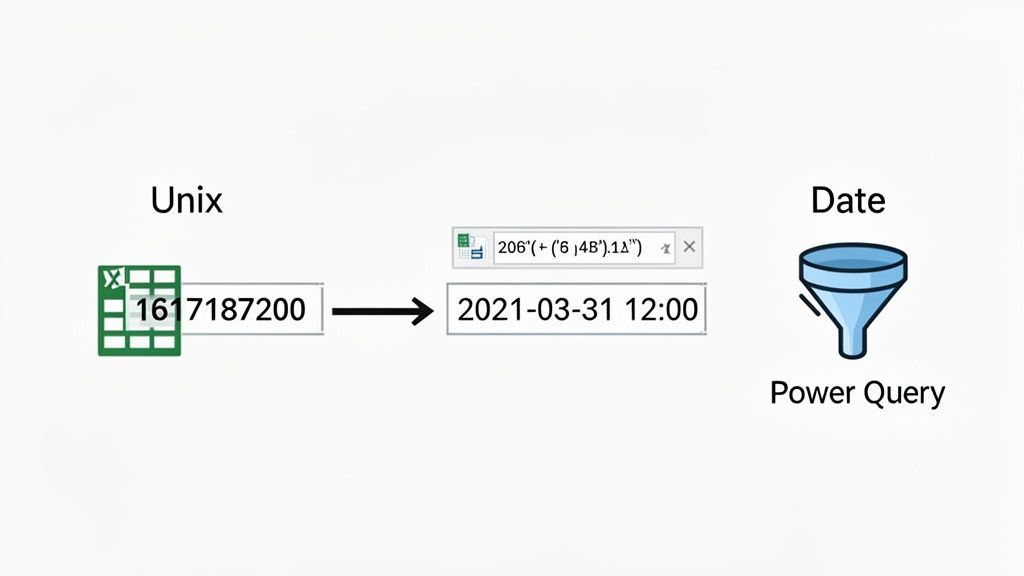 Diagram illustrating the conversion of a Unix timestamp into a readable date and time in Excel, followed by Power Query for filtering.