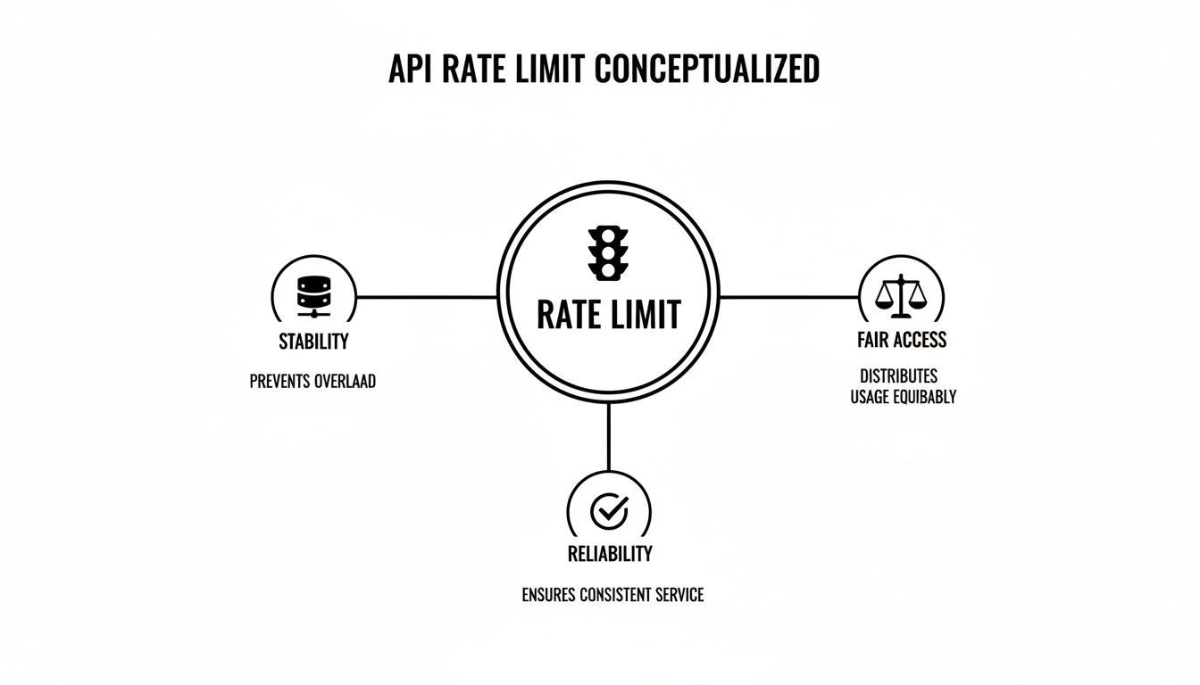 Conceptual diagram illustrating API rate limit's importance for stability, fair access, and reliability.