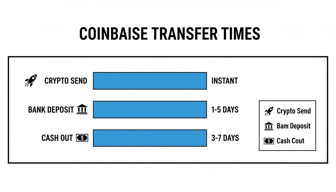 Chart illustrating Coinbase transfer times: crypto send is instant, bank deposit takes 1-5 days, and cash out 3-7 days.
