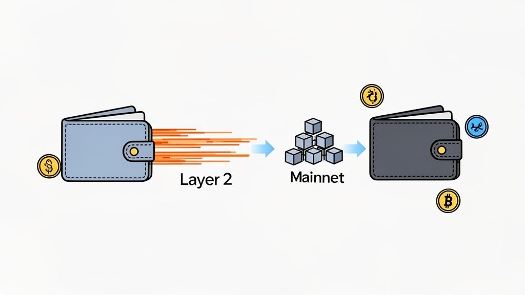 A diagram shows cryptocurrency moving from a wallet via Layer 2 to Mainnet, arriving as various crypto assets.