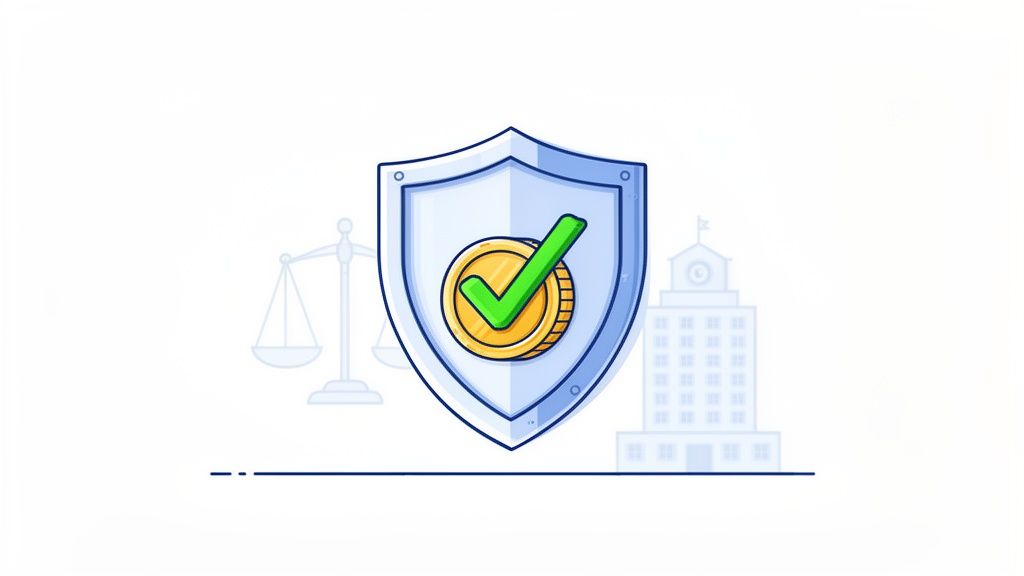 Blue shield protecting a coin with a checkmark, flanked by scales of justice and a building, symbolizing financial security and trust.