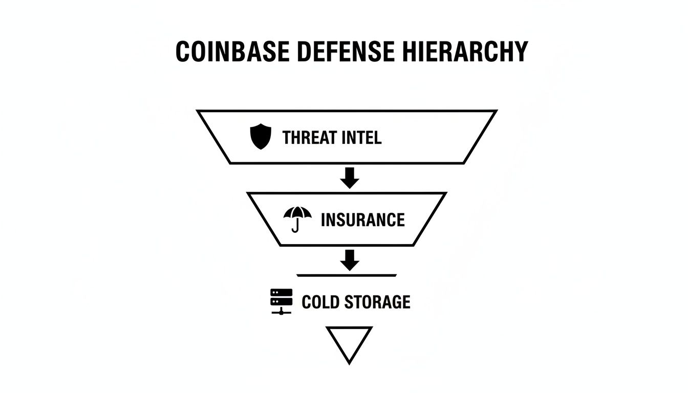 Coinbase Defense Hierarchy diagram illustrating threat intel, insurance, and cold storage layers.