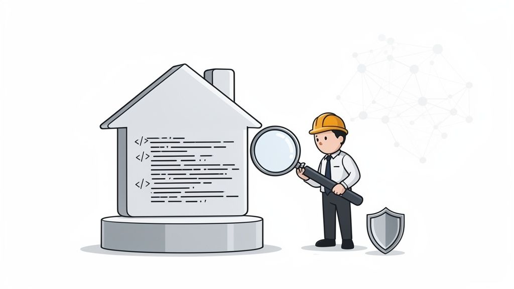 Engineer inspecting code within a house icon with a magnifying glass, symbolizing security audit.