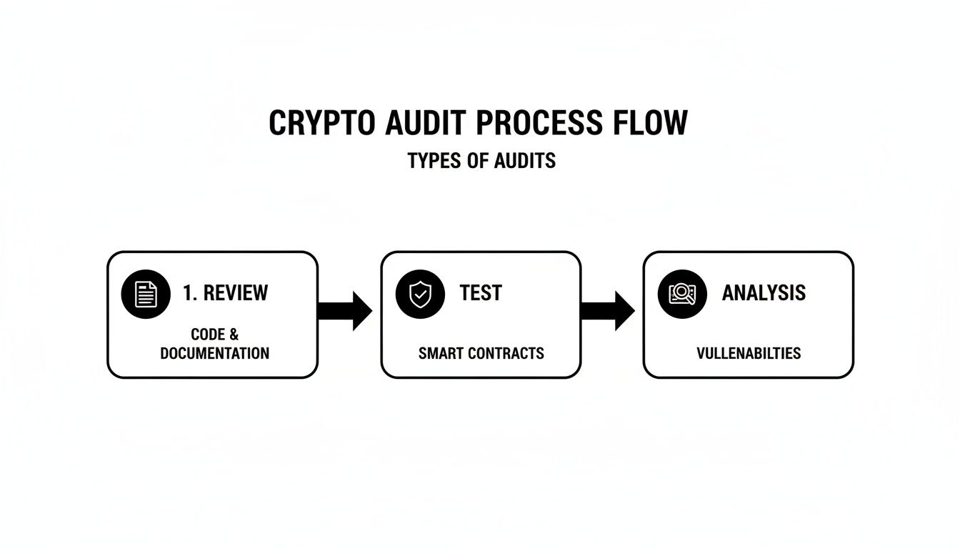 A flowchart illustrating the crypto audit process, showing steps like review, test smart contracts, and vulnerability analysis.
