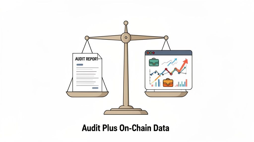 A balance scale showing a paper audit report on one side and on-chain financial data on a digital screen, balancing them.