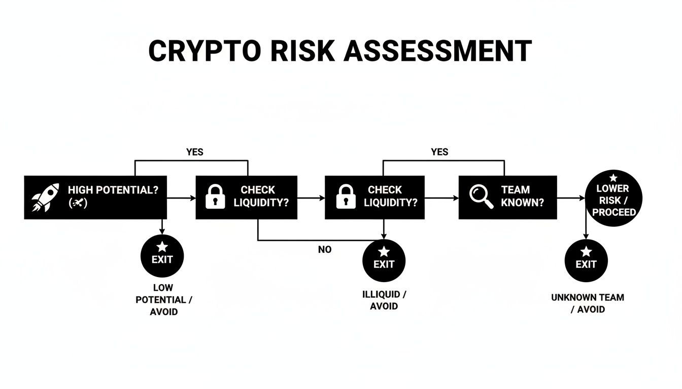 A crypto risk assessment flowchart guiding users through potential, liquidity, and team checks to decide on investment.