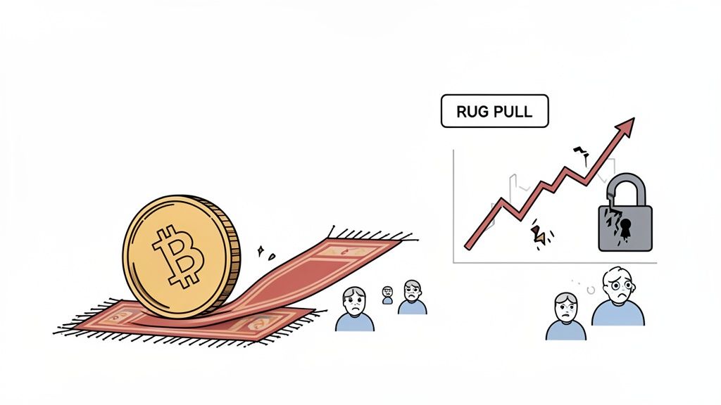 Illustration of a Bitcoin coin on a pulled rug, showing sad investors after a crypto rug pull.