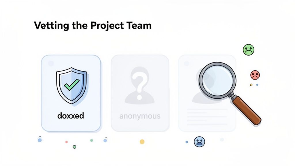 An illustration showing the process of vetting a project team, comparing doxxed and anonymous options with a magnifying glass.