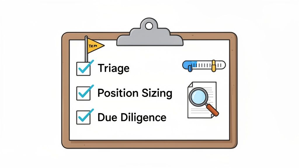 A clipboard showing a checklist with 'Triage', 'Position Sizing', and 'Due Diligence' all checked off.