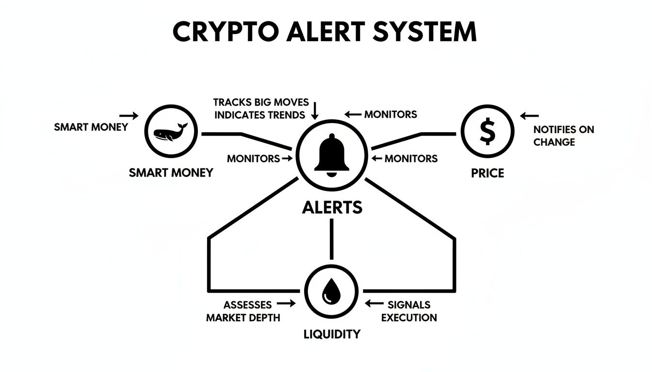 Diagram illustrating a crypto alert system monitoring smart money, price, and liquidity for alerts.