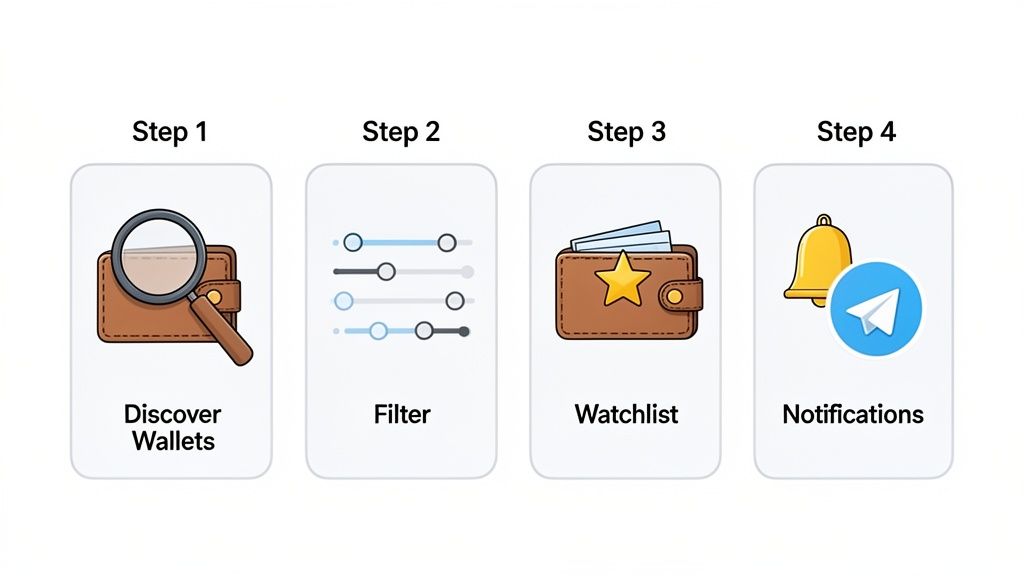 Four steps for managing crypto wallets: discover, filter, watchlist, and receive notifications.
