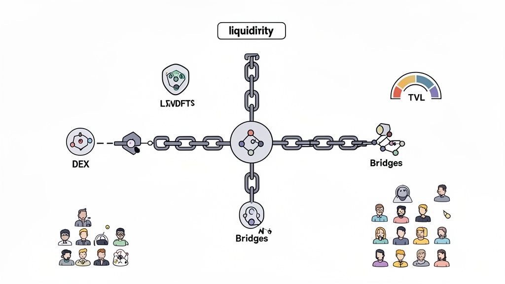 Diagram showing 'liquididity' as a central hub, connected by chains to DEX, Bridges, and LSD/DFTS, with various users.