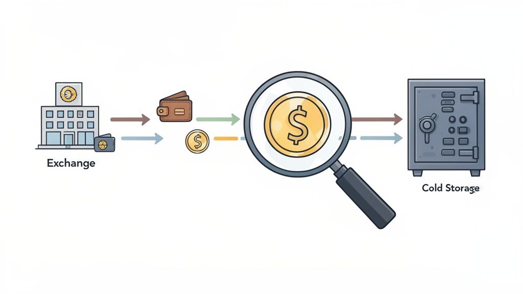 Diagram showing digital asset flow from exchange to wallet, then secured in cold storage, with a magnified coin.