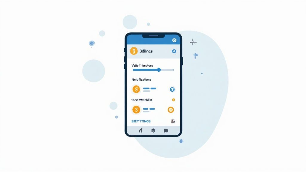 A person's hands using a smartphone with a crypto app interface displayed, showing charts and notifications