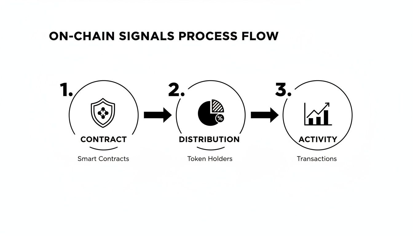 Flowchart illustrating on-chain signals process: smart contracts, token distribution, and transaction activity.