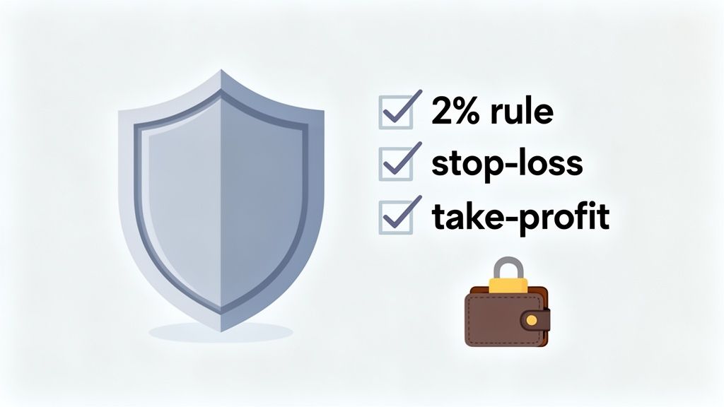 A shield, checklist with 2% rule, stop-loss, take-profit, and a locked wallet symbolizing financial security.