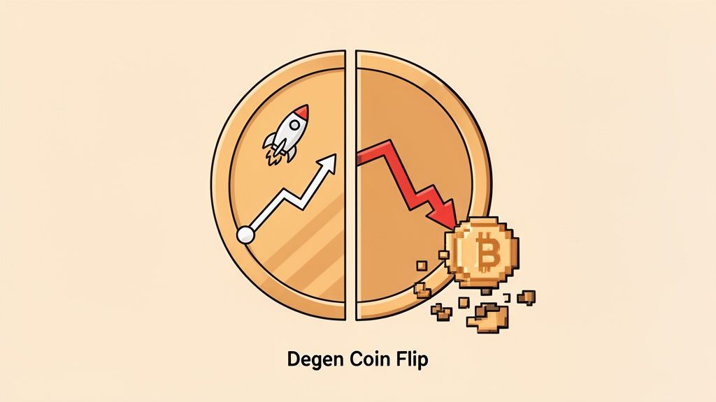A coin showing two outcomes: an upward trend with a rocket and a downward trend with a crashing Bitcoin.