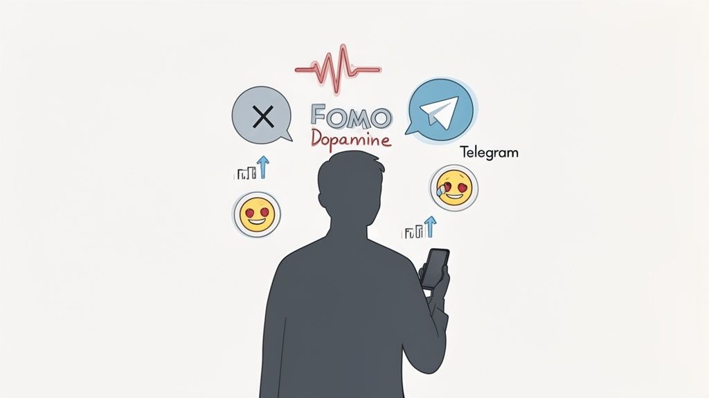 Illustration of a person using a smartphone, experiencing FOMO and dopamine related to social media and messaging.