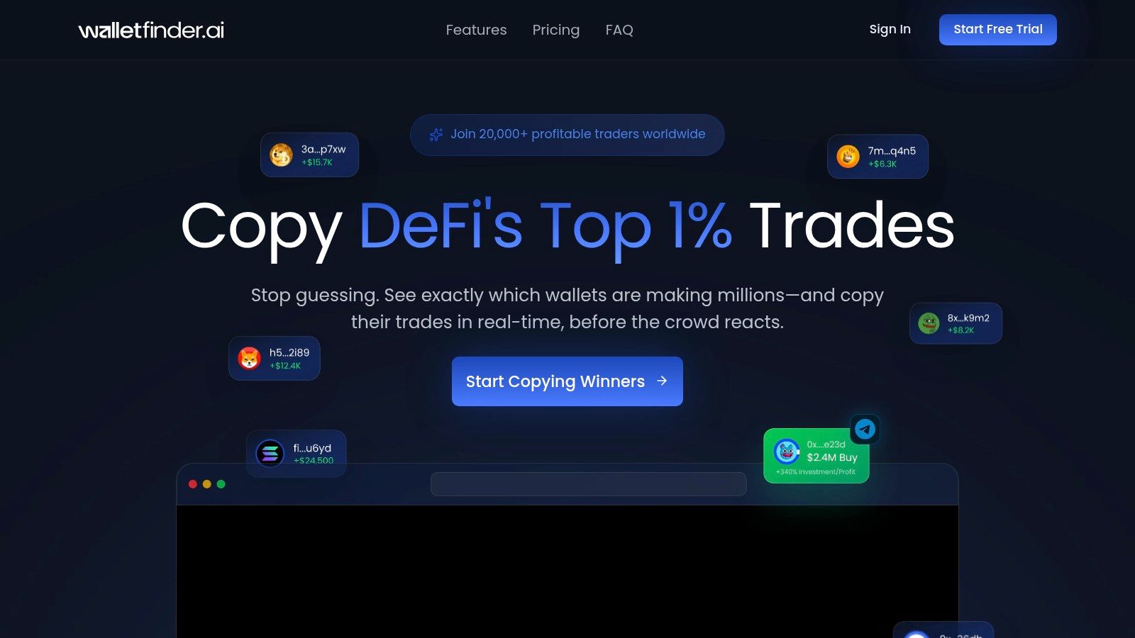 An image showcasing the Wallet Finder.ai dashboard with graphs and wallet data, highlighting its utility for tracking trending meme coins.
