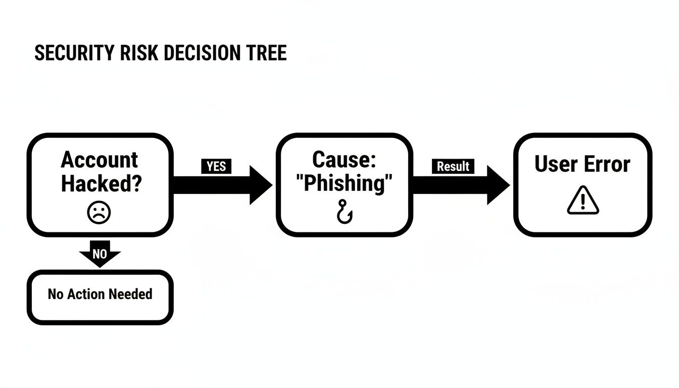 A security risk decision tree flowchart illustrating the process from an account being hacked to user error.
