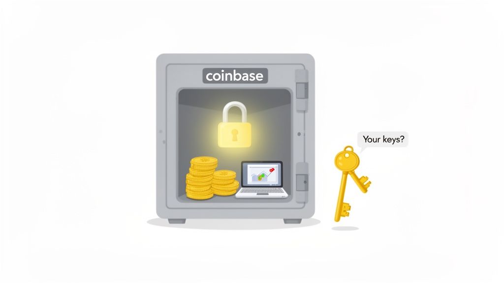 Illustration of a Coinbase safe protecting digital assets, a glowing padlock, and keys asking 'Your keys?'